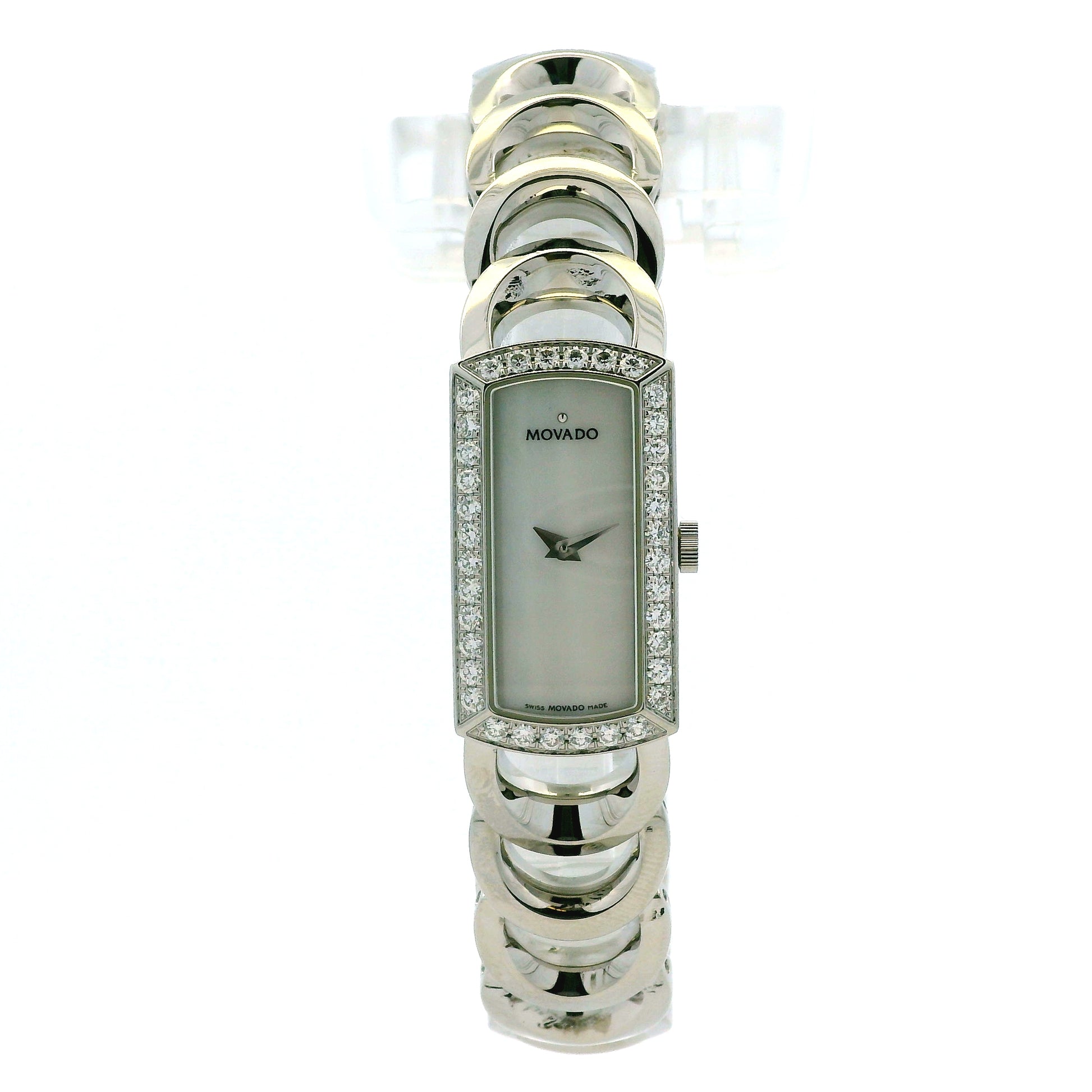 Movado Rondiro 0606007 Mother of Pearl Diamond Bezel Rectangle Stainless Steel Watch — front view