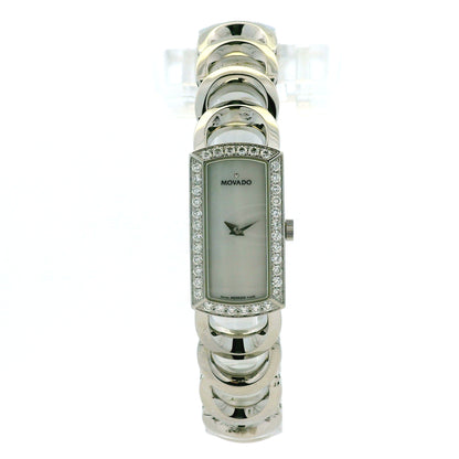 Movado Rondiro 0606007 Mother of Pearl Diamond Bezel Rectangle Stainless Steel Watch — front view