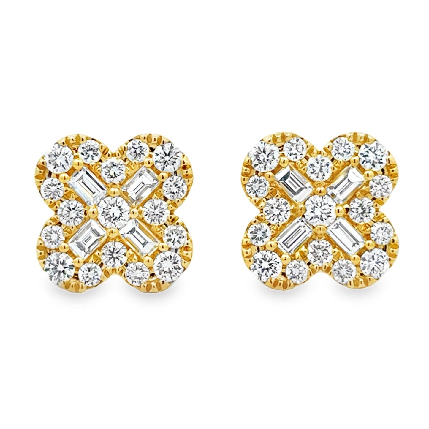 18k Yellow Gold 2.02ctw Round Brilliant and Baguette Diamond Clover Stud Earrings — front view, pair shown