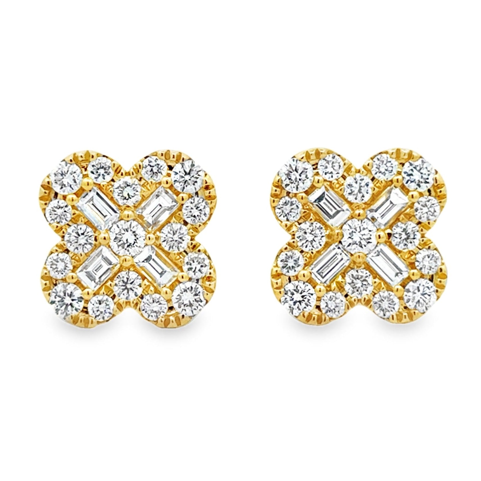 18k Yellow Gold 2.02ctw Round Brilliant and Baguette Diamond Clover Stud Earrings — front view, pair shown