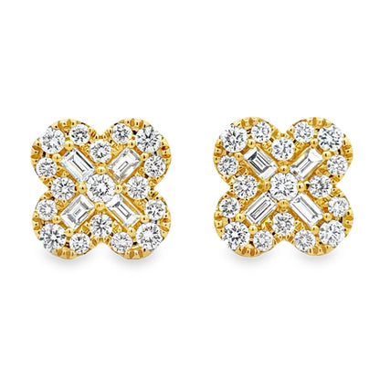 18k Yellow Gold 2.02ctw Round Brilliant and Baguette Diamond Clover Stud Earrings — front view, pair shown