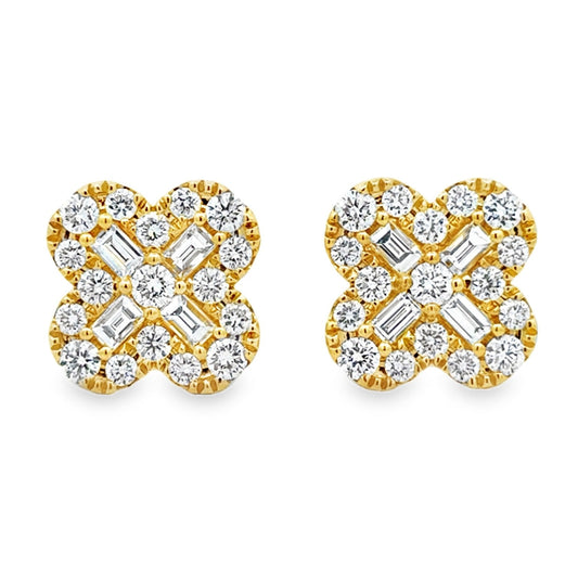 18k Yellow Gold 2.02ctw Round Brilliant and Baguette Diamond Clover Stud Earrings — front view, pair shown