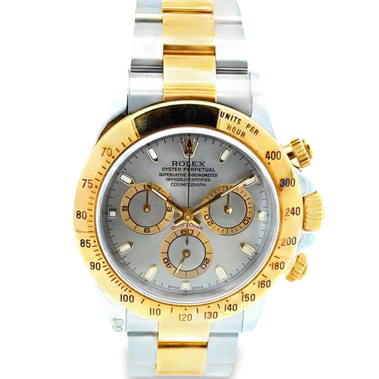 Rolex 116523 Daytona 40mm Silver Dial Two-Tone Oyster Bracelet Watch — front view