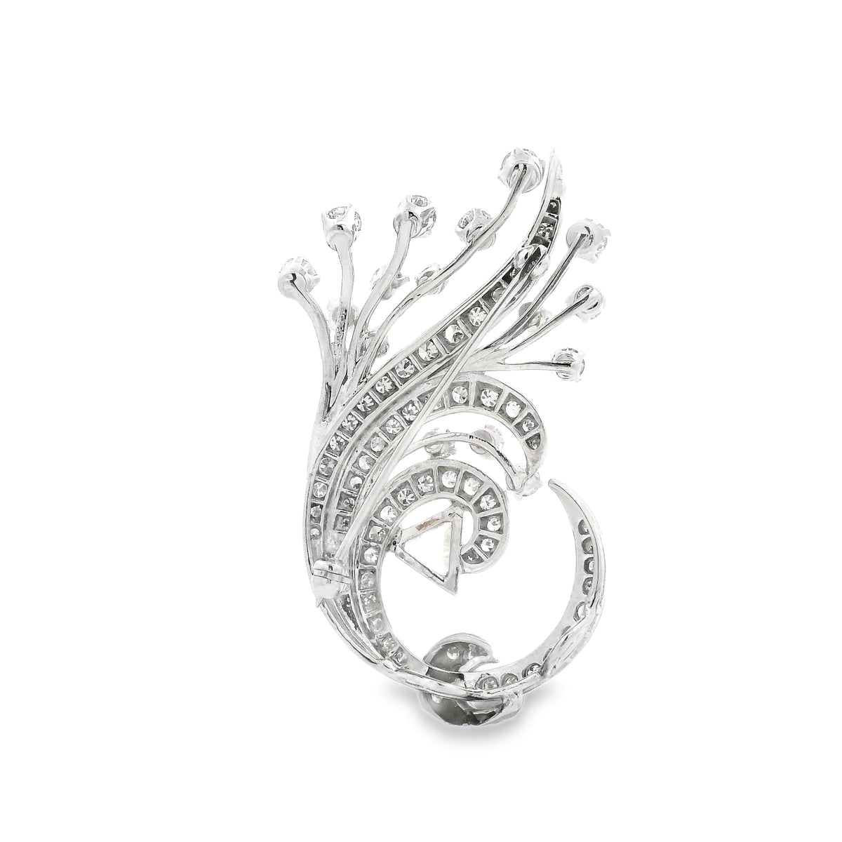 14k White Gold 4.5ctw Round Brilliant and Pear Diamond Pavé Brooch — top-down view