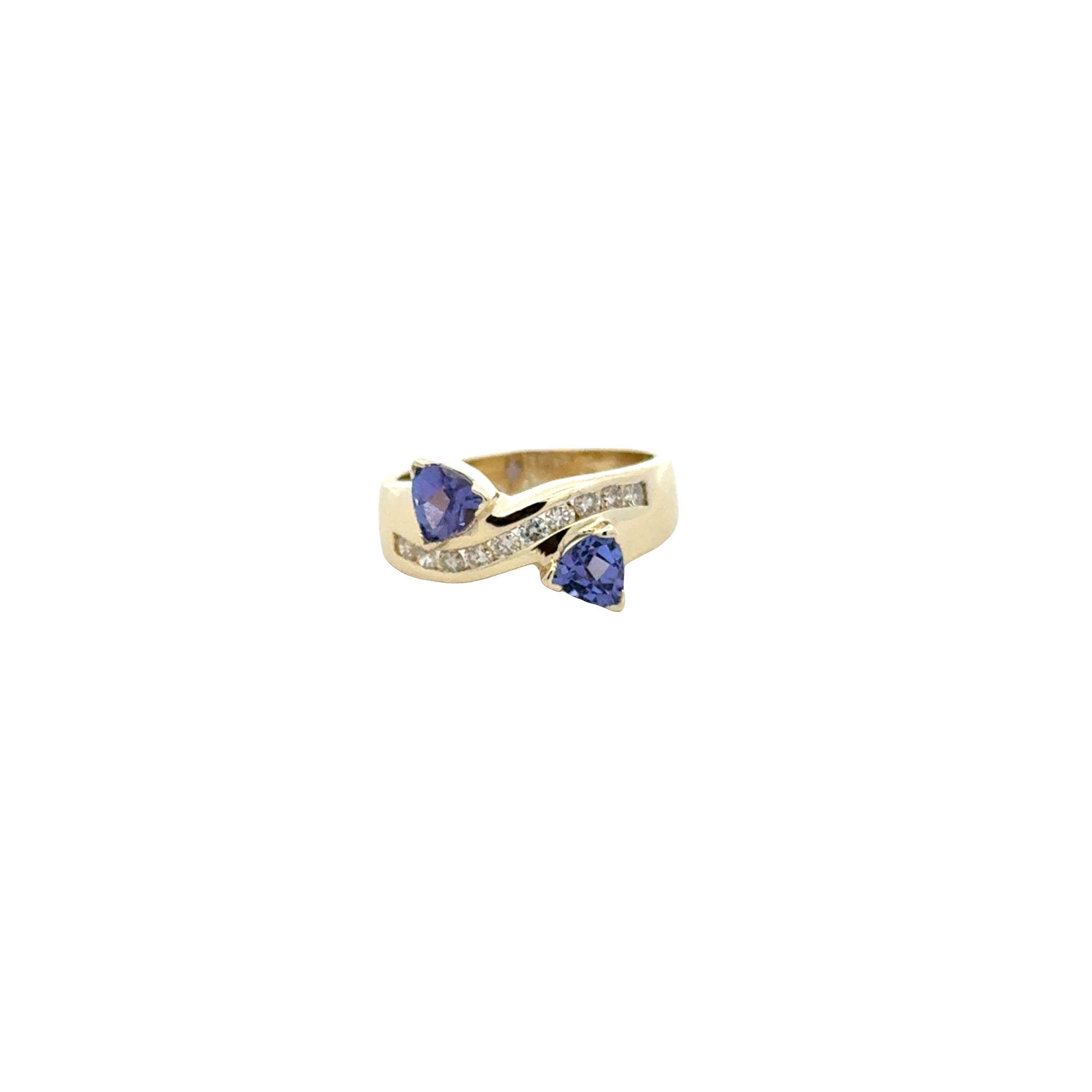 14k Yellow Gold Two-Stone Heart Tanzanite and 0.25ctw Diamond Ring — top-down view