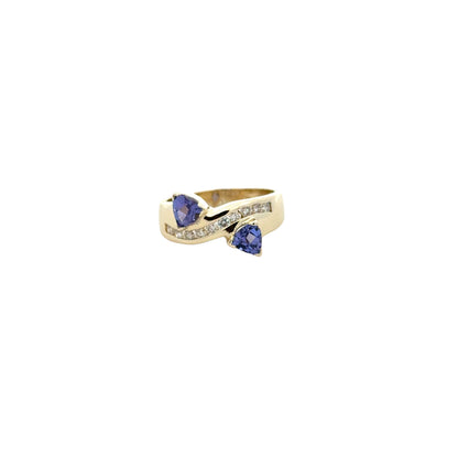 14k Yellow Gold Two-Stone Heart Tanzanite and 0.25ctw Diamond Ring — top-down view