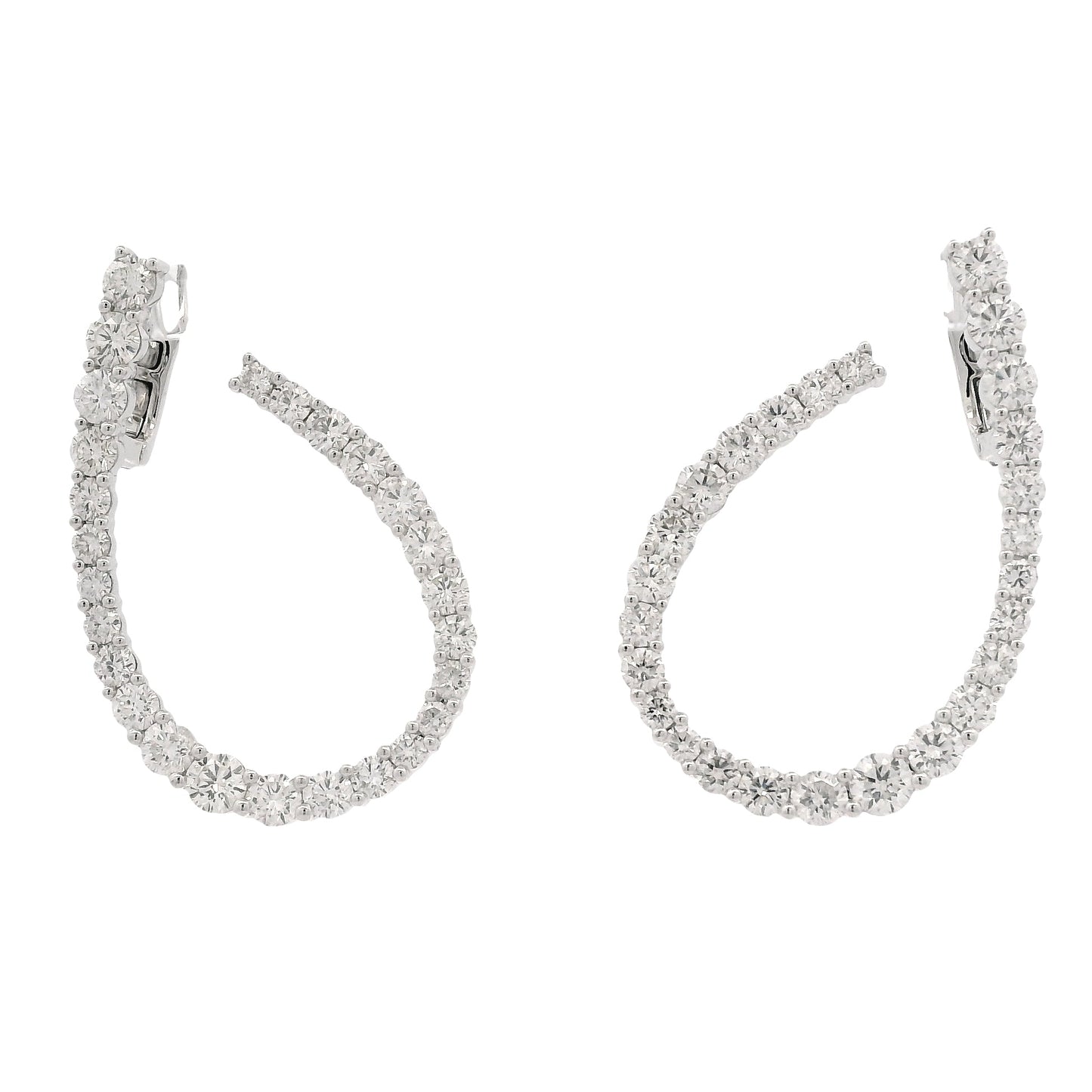 18k White Gold 6.14ctw Round Brilliant Diamond Hoop Earrings — front view, pair shown