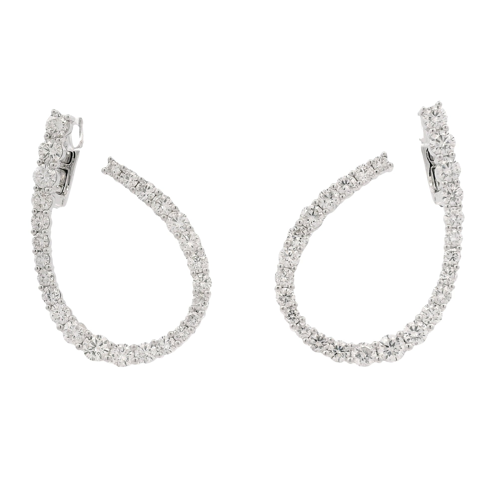 18k White Gold 6.14ctw Round Brilliant Diamond Hoop Earrings — front view, pair shown