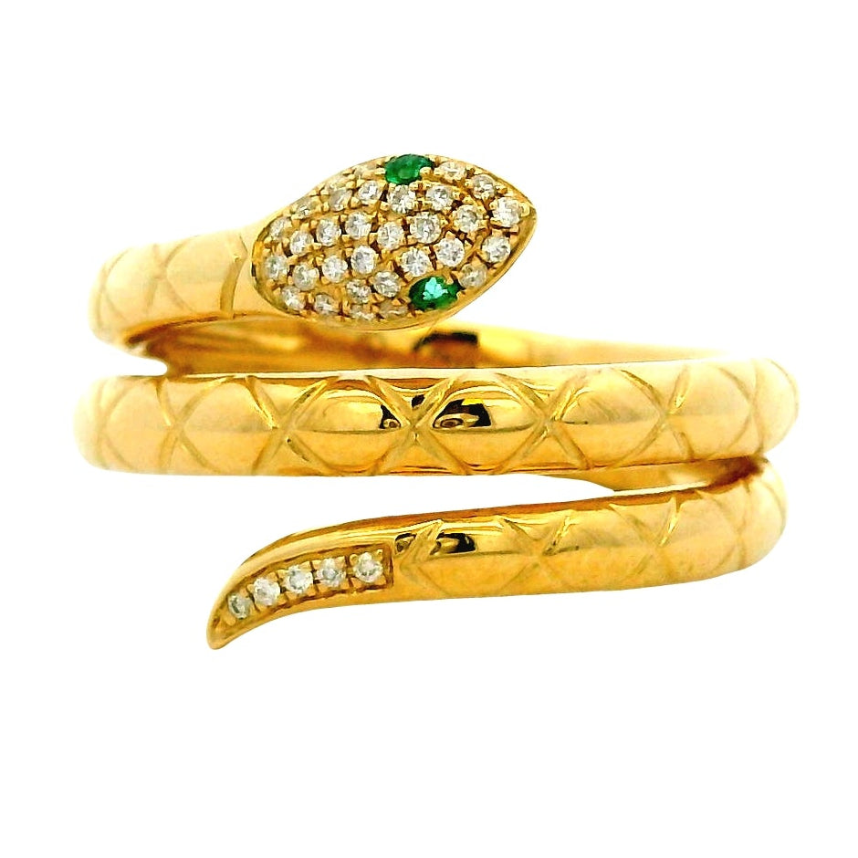 14k Yellow Gold 0.10ctw Diamond and Emerald Snake Wrap Ring — top-down view