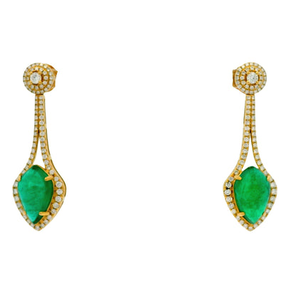 18k Yellow Gold 10.82ct Emerald and 1.50ctw Round Brilliant Diamond Dangle Earrings — front view, pair shown