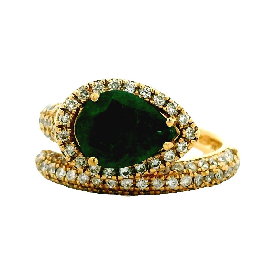 14k Yellow Gold 1.23ct Pear Cut Natural Emerald and 1.15ctw Diamond Halo Pavé Crossover Ring — top-down view