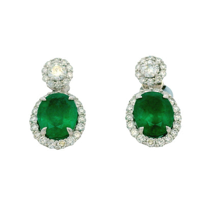 14k White Gold 5.21ctw GIA Certified Natural Green Emerald and Diamond Dangle Earrings — front view, pair shown