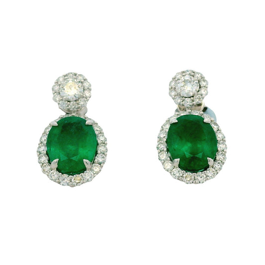 14k White Gold 5.21ctw GIA Certified Natural Green Emerald and Diamond Dangle Earrings — front view, pair shown