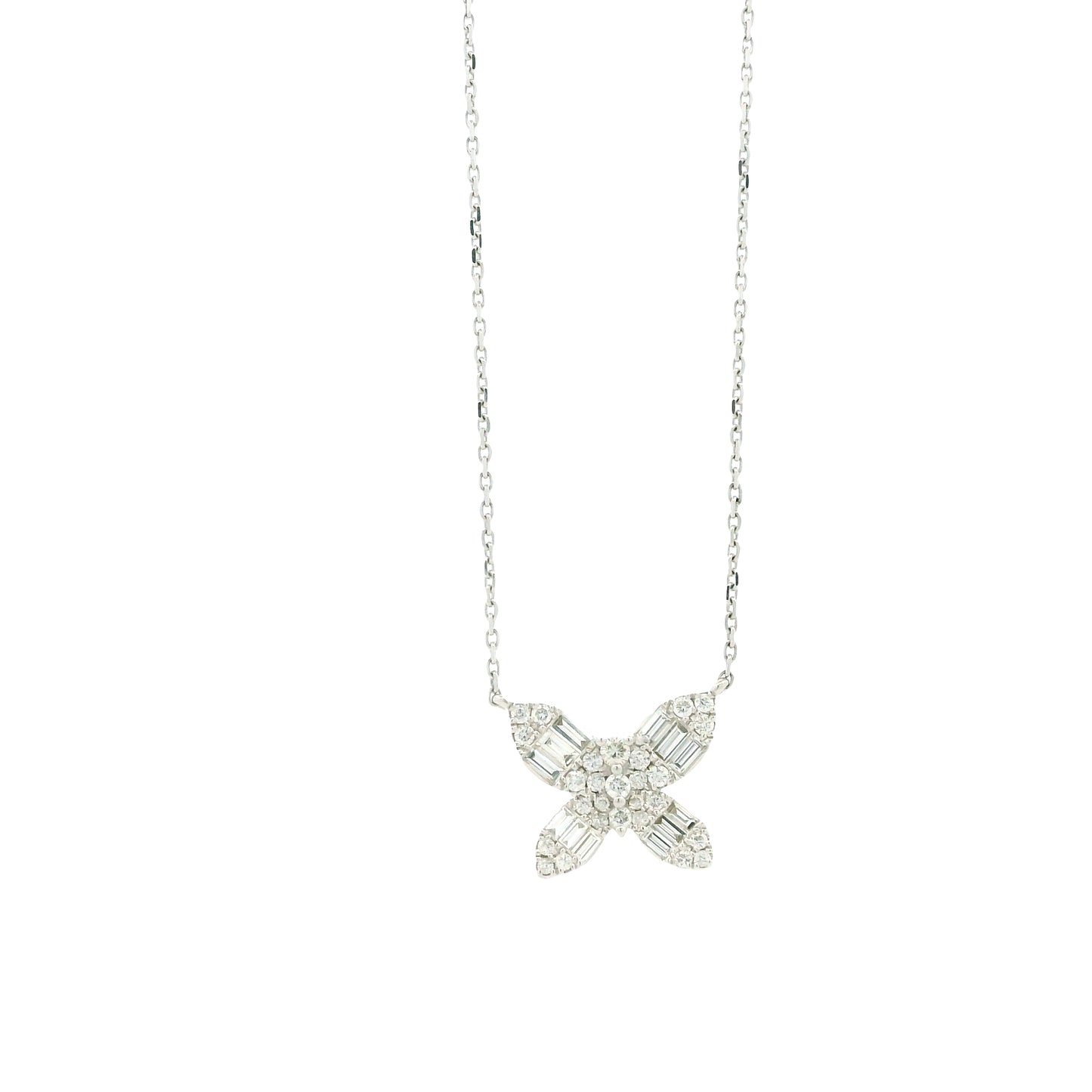 18k White Gold 0.79ctw Natural Round & Baguette Diamond Butterfly Pendant Necklace — front view