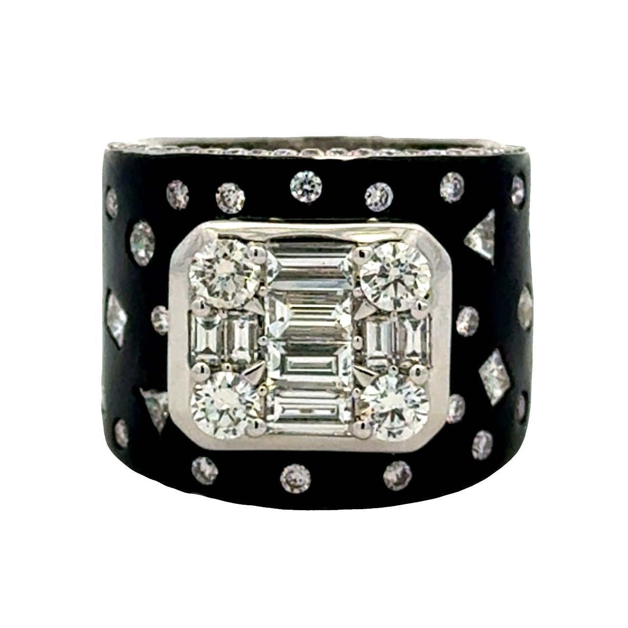 18k White Gold 2.75ctw Round Brilliant and Baguette Diamond Black Enamel Cocktail Ring — top-down view