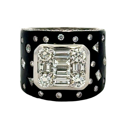 18k White Gold 2.75ctw Round Brilliant and Baguette Diamond Black Enamel Cocktail Ring — top-down view