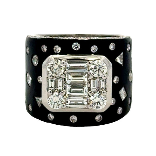 18k White Gold 2.75ctw Round Brilliant and Baguette Diamond Black Enamel Cocktail Ring — top-down view