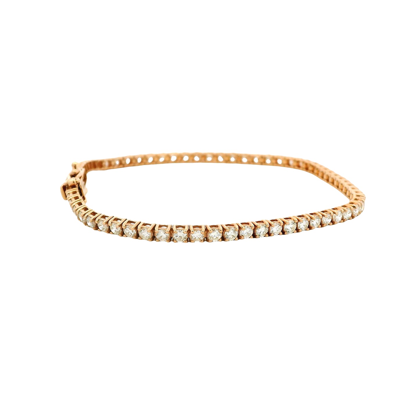14k Rose Gold 3.32ctw Round Brilliant Diamond Tennis Bracelet — front view, clasp closed