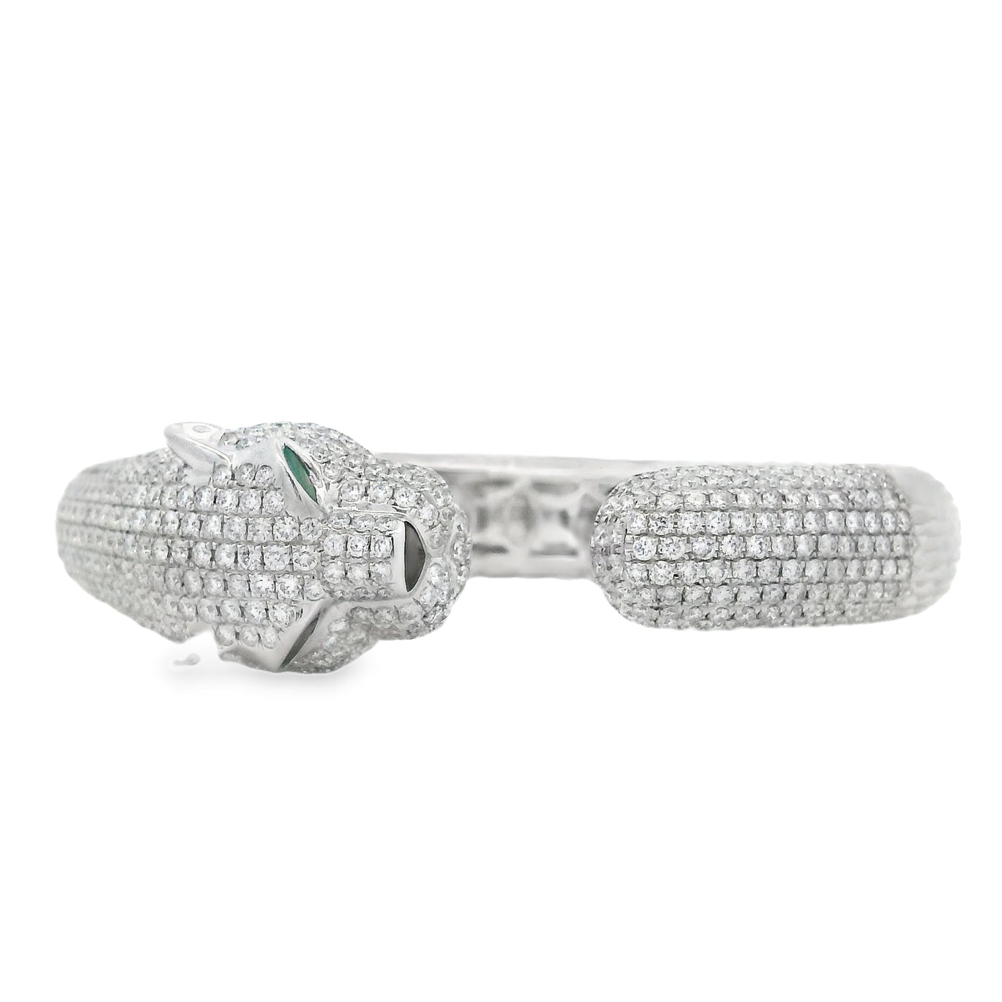 18k White Gold 0.31ctw Emerald and 10.57ctw Round Diamond Pavé Panther Hinged Bangle Bracelet — front view, clasp closed