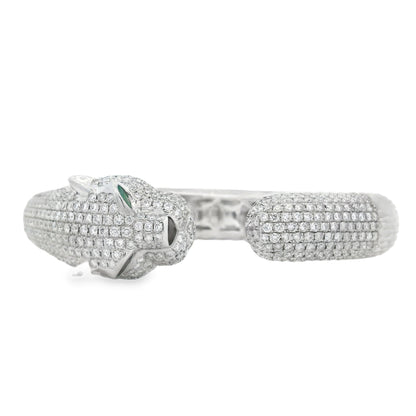 18k White Gold 0.31ctw Emerald and 10.57ctw Round Diamond Pavé Panther Hinged Bangle Bracelet — front view, clasp closed