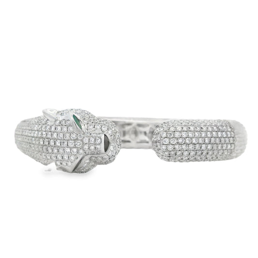18k White Gold 0.31ctw Emerald and 10.57ctw Round Diamond Pavé Panther Hinged Bangle Bracelet — front view, clasp closed