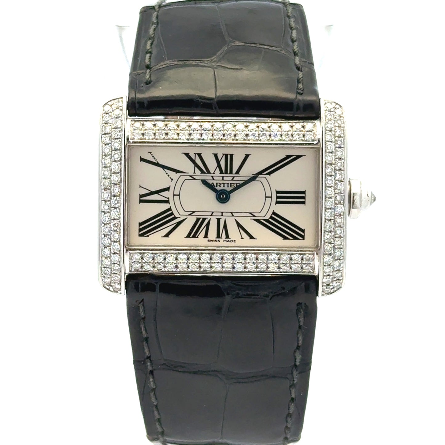 Cartier Tank Divan Mini 32mm Aftermarket Diamond Bezel Stainless Steel Watch — front view