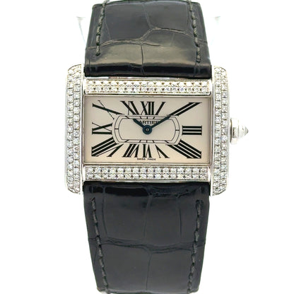 Cartier Tank Divan Mini 32mm Aftermarket Diamond Bezel Stainless Steel Watch — front view