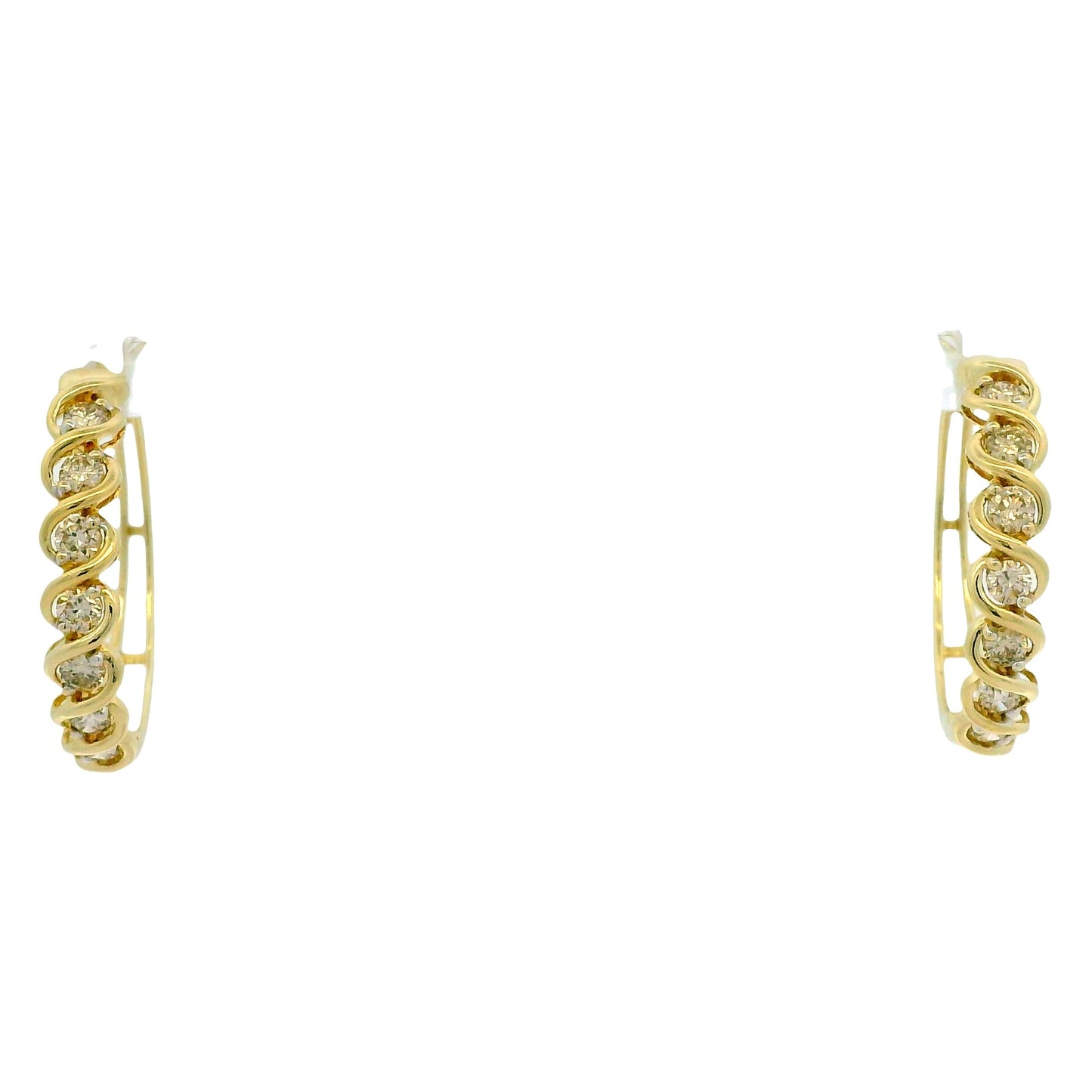10k Yellow Gold 1.40ctw Bezel-Set Round Diamond Hoop Earrings — top-down view