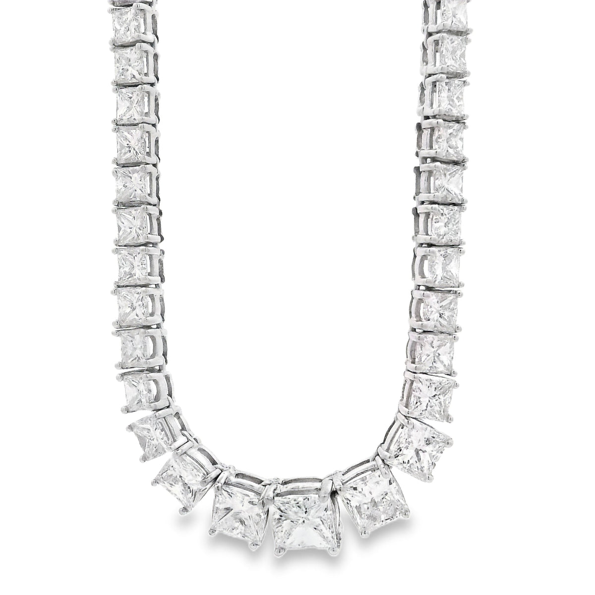 18k White Gold 19.06ctw Princess Cut Diamond Graduated Tennis Necklace 16" — front view