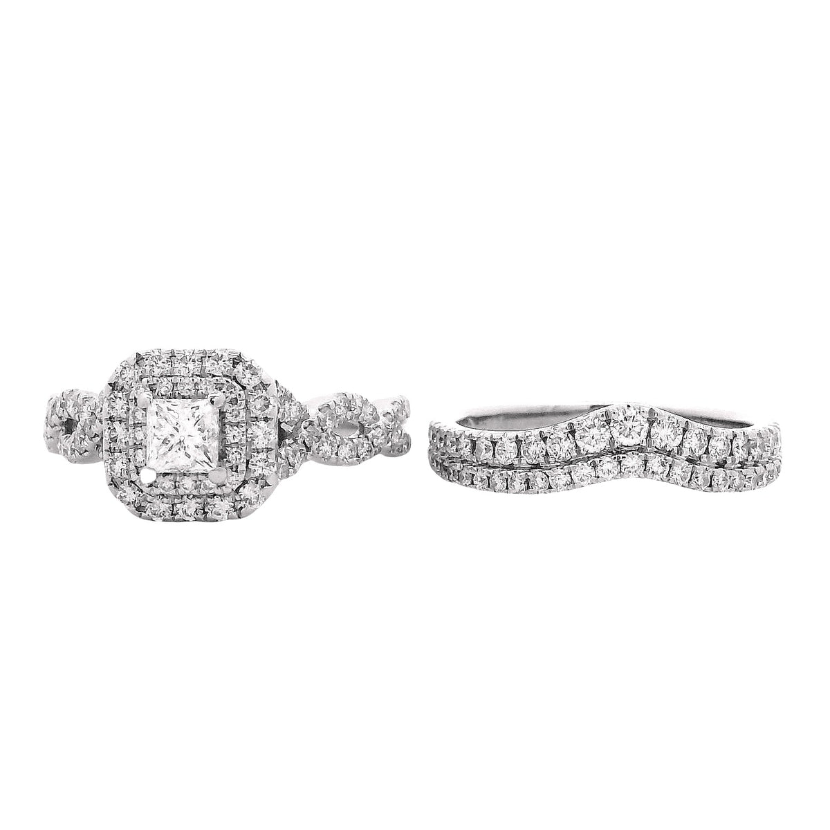 14k White Gold 0.30ct Princess Cut Diamond Double Halo and Wedding Band Engagement Ring Set — top-down view