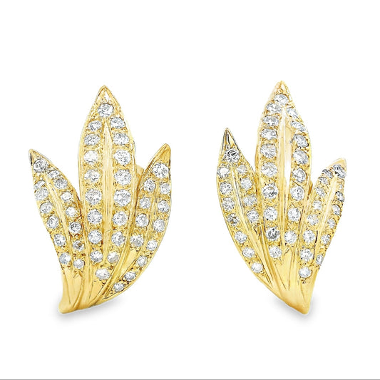 18k Yellow Gold 2.50ctw Round Brilliant Diamond Pavé Leaf Motif Earrings — front view, pair shown