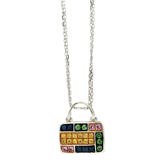 18k White Gold 2.00ctw Multi-Color Sapphire Pavé Purse Pendant Necklace — front view