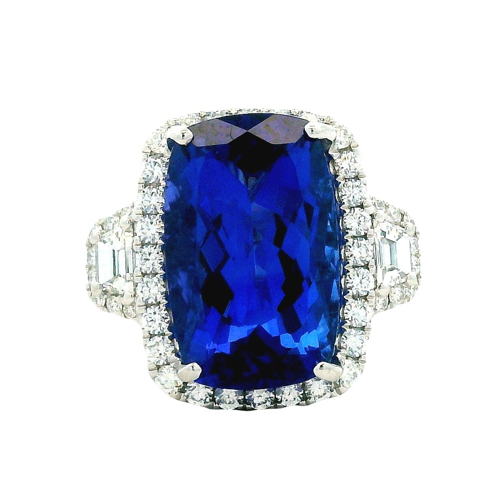 Platinum 9.35ct Cushion Cut Tanzanite and Diamond Halo Cocktail Ring — front view