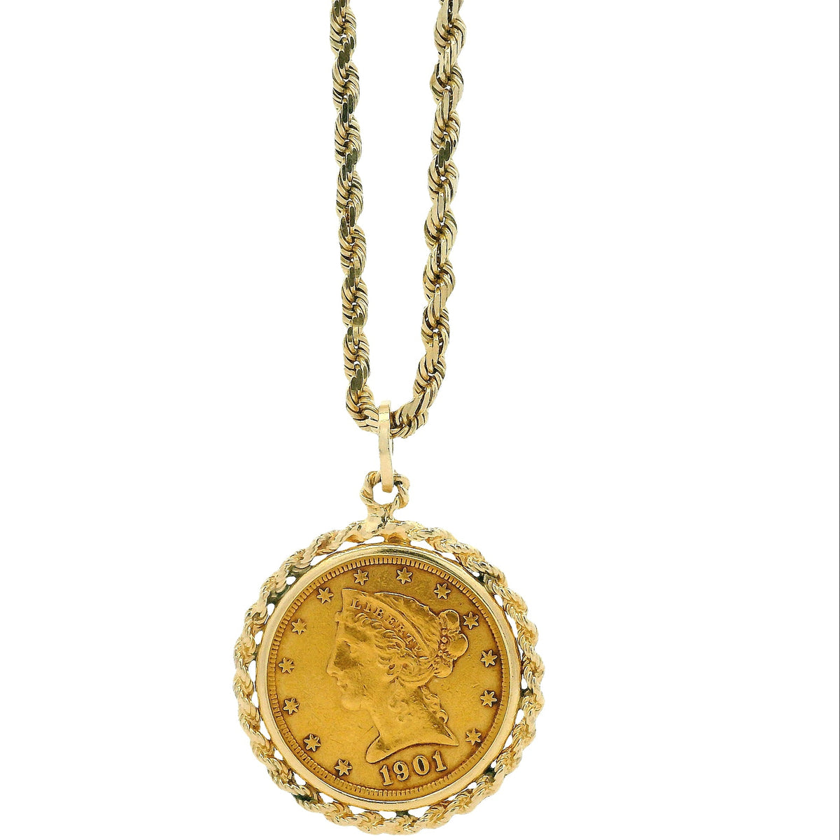 14k Yellow Gold Rope Chain Necklace with 1901 Liberty Head $5 Gold Coin Pendant 24" — front view
