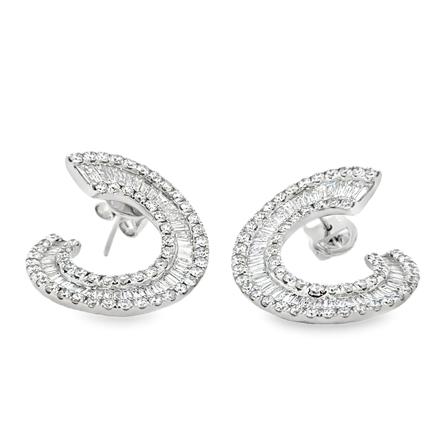 18k White Gold 3.97ctw Round Brilliant and Baguette Diamond Hoop Earrings — front view
