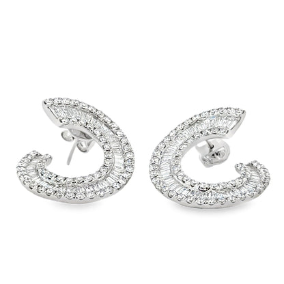 18k White Gold 3.97ctw Round Brilliant and Baguette Diamond Hoop Earrings — front view