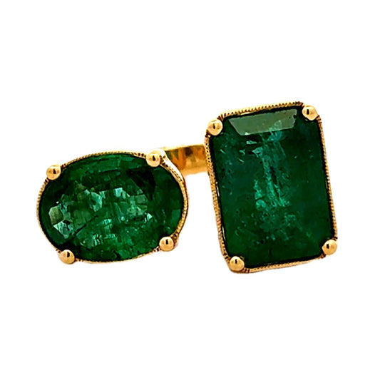 18k Yellow Gold 7.65ctw Two-Stone Natural Emerald Toi et Moi Ring — top-down view