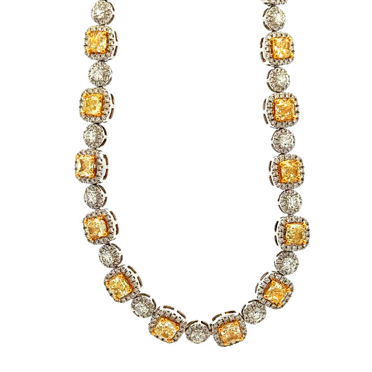 18k Two-Tone Gold GIA Certified 17.11ct Fancy Yellow Diamond & 7.98ctw Round Diamond Bezel Necklace 17" — front view