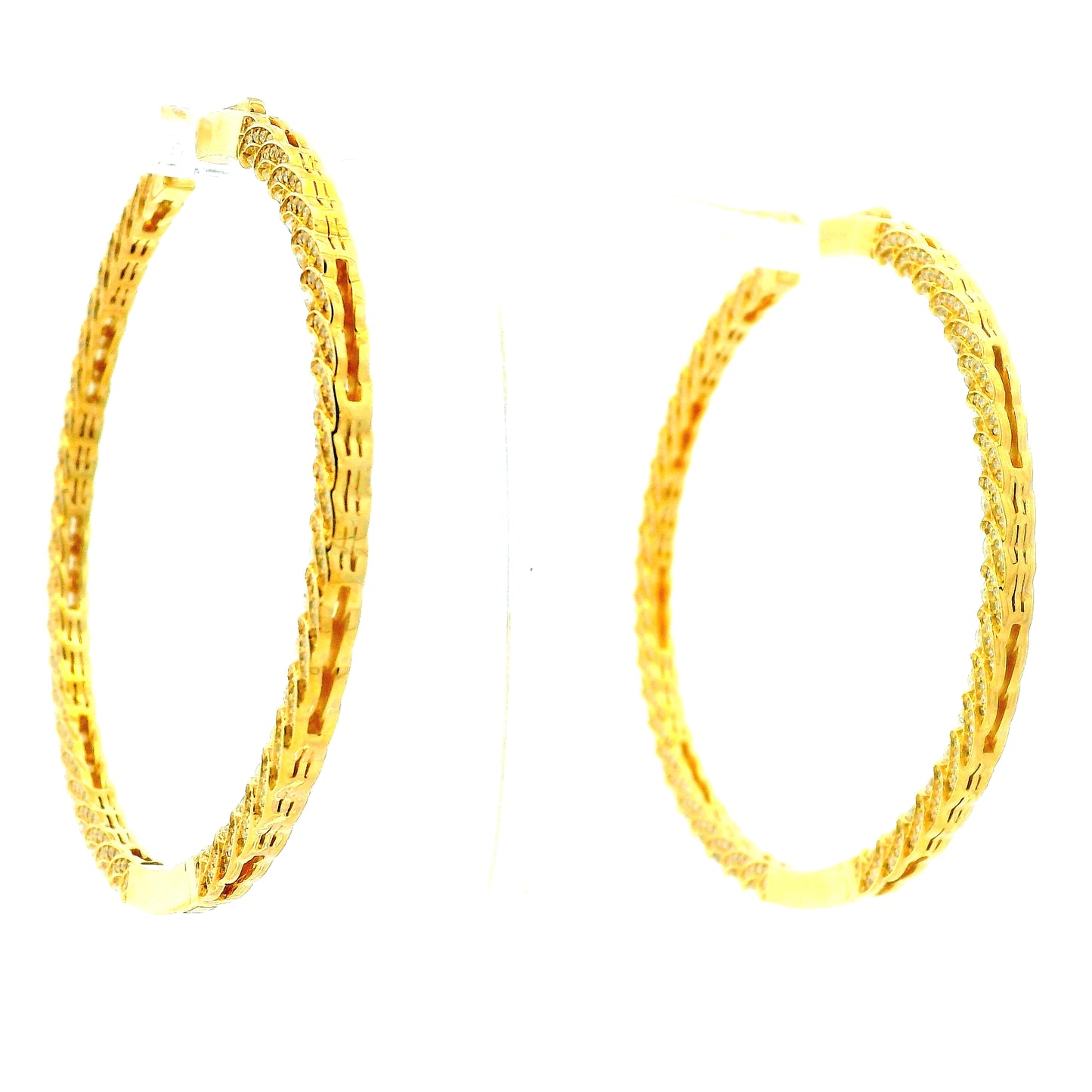 14k Yellow Gold 11.70ctw Round Diamond Inside Out Hoop Earrings — front view, pair shown