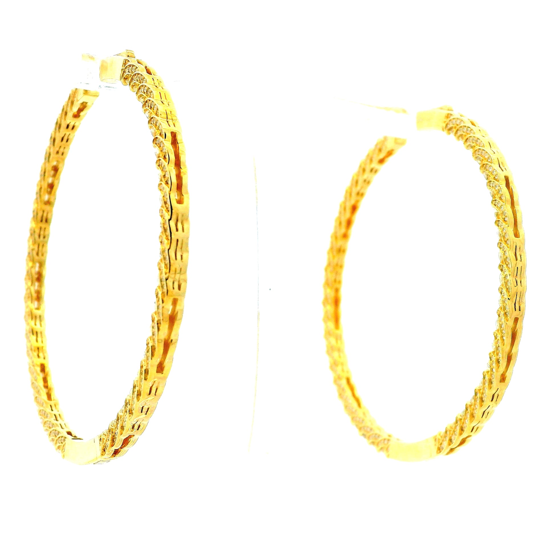 14k Yellow Gold 11.70ctw Round Diamond Inside Out Hoop Earrings — front view, pair shown