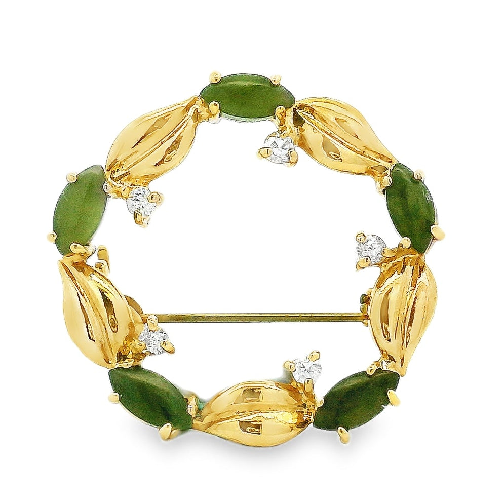 14k Yellow Gold Jade and Diamond Floral Wreath Brooch Pin — top-down view