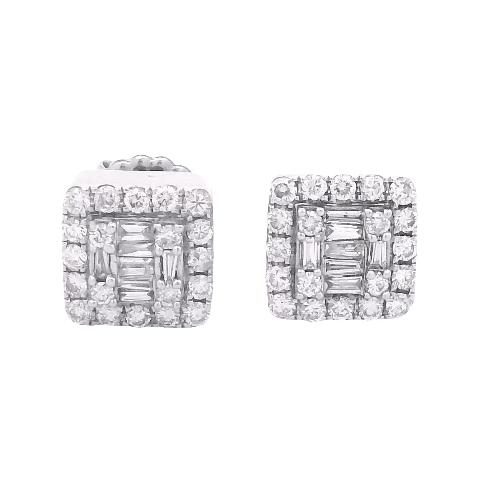 14k White Gold Baguette and Round Diamond Cluster Stud Earrings — front view