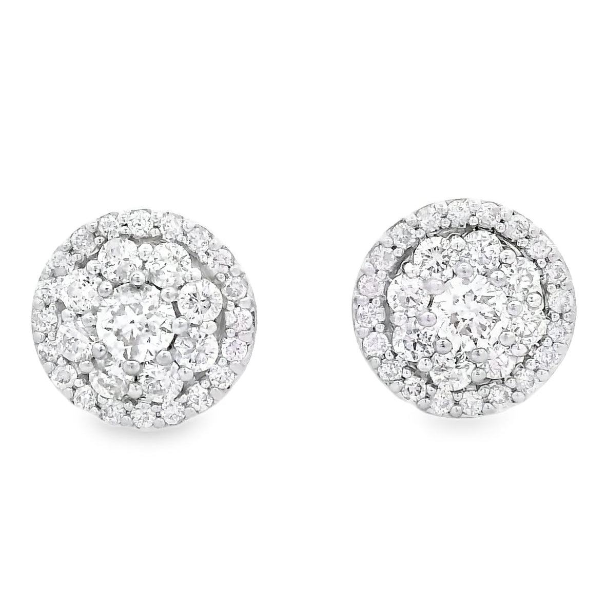 18k White Gold 1.3ctw Round Brilliant Diamond Cluster Stud Earrings — top-down view