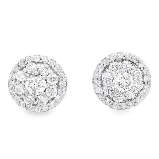 18k White Gold 1.3ctw Round Brilliant Diamond Cluster Stud Earrings — top-down view