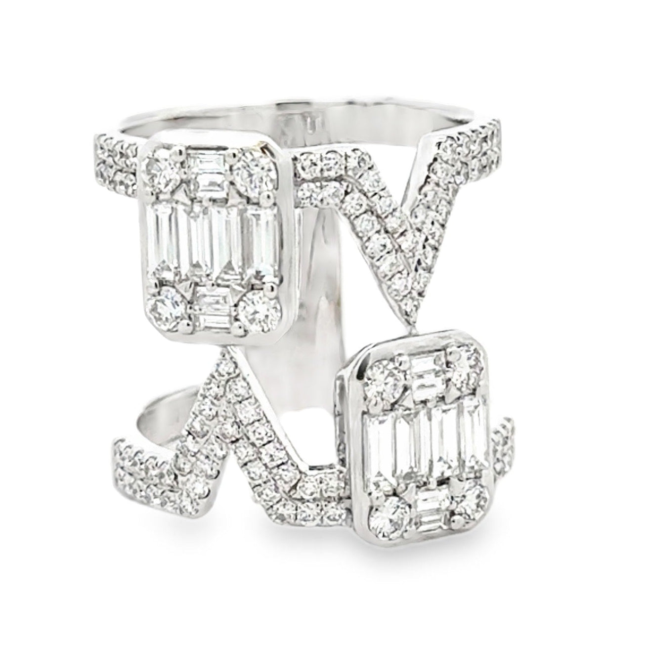 18k White Gold 1.72ctw Round Brilliant and Baguette Openwork Fashion Ring — top-down view