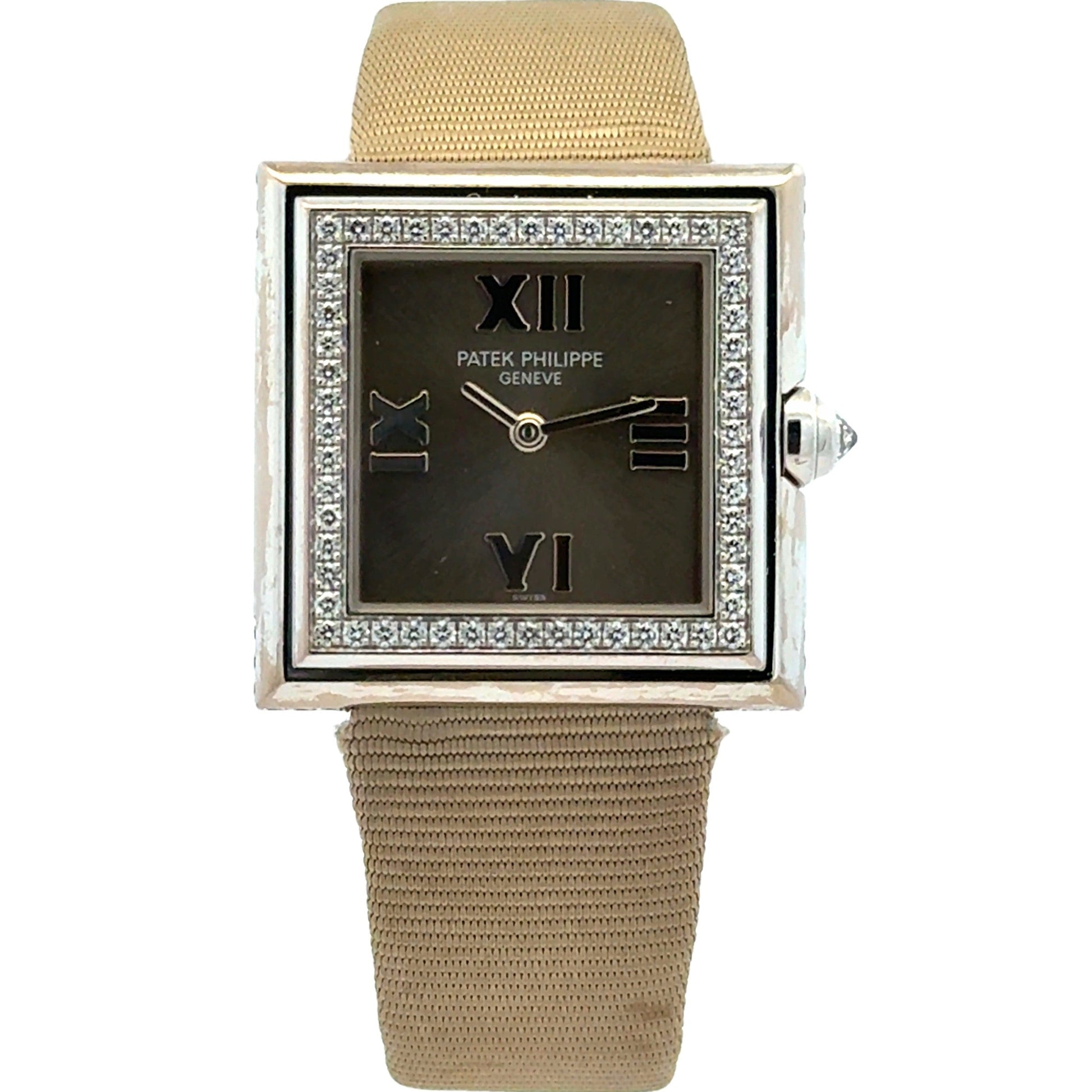 Patek Philippe 4868G 28mm Gray Dial 18k White Gold Diamond Bezel Watch — front view