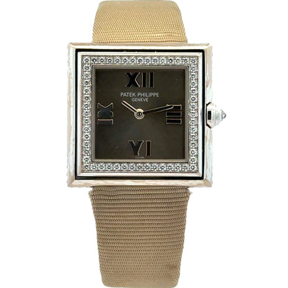 Patek Philippe 4868G 28mm Gray Dial 18k White Gold Diamond Bezel Watch — front view