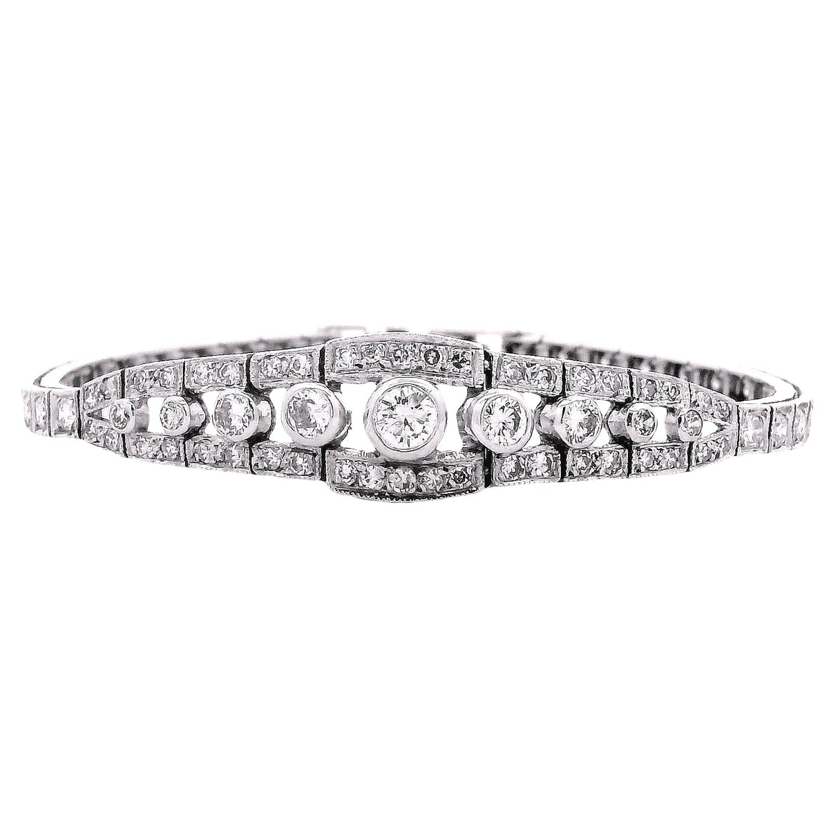 14k White Gold 2.50ctw Round Brilliant Diamond Art Deco Cluster Bracelet — front view, clasp closed