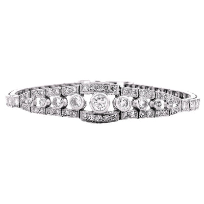 14k White Gold 2.50ctw Round Brilliant Diamond Art Deco Cluster Bracelet — front view, clasp closed