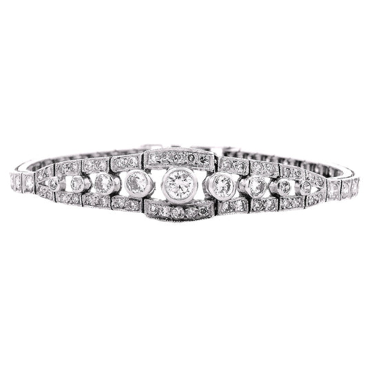 14k White Gold 2.50ctw Round Brilliant Diamond Art Deco Cluster Bracelet — front view, clasp closed